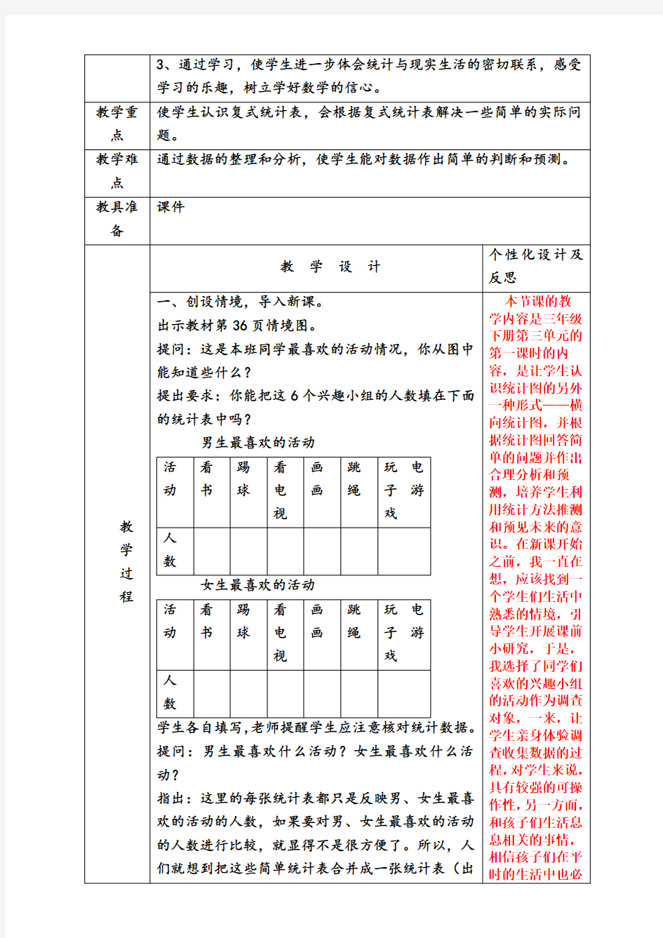 三年级数学下册复式统计表教案课程及反思