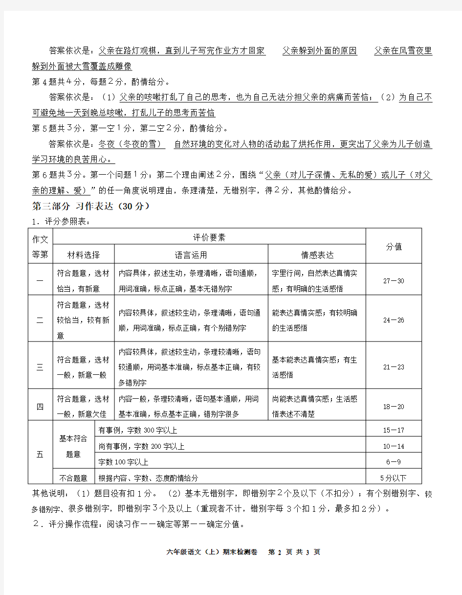 小学语文六年级上册期末检测卷评分建议(2018.2)