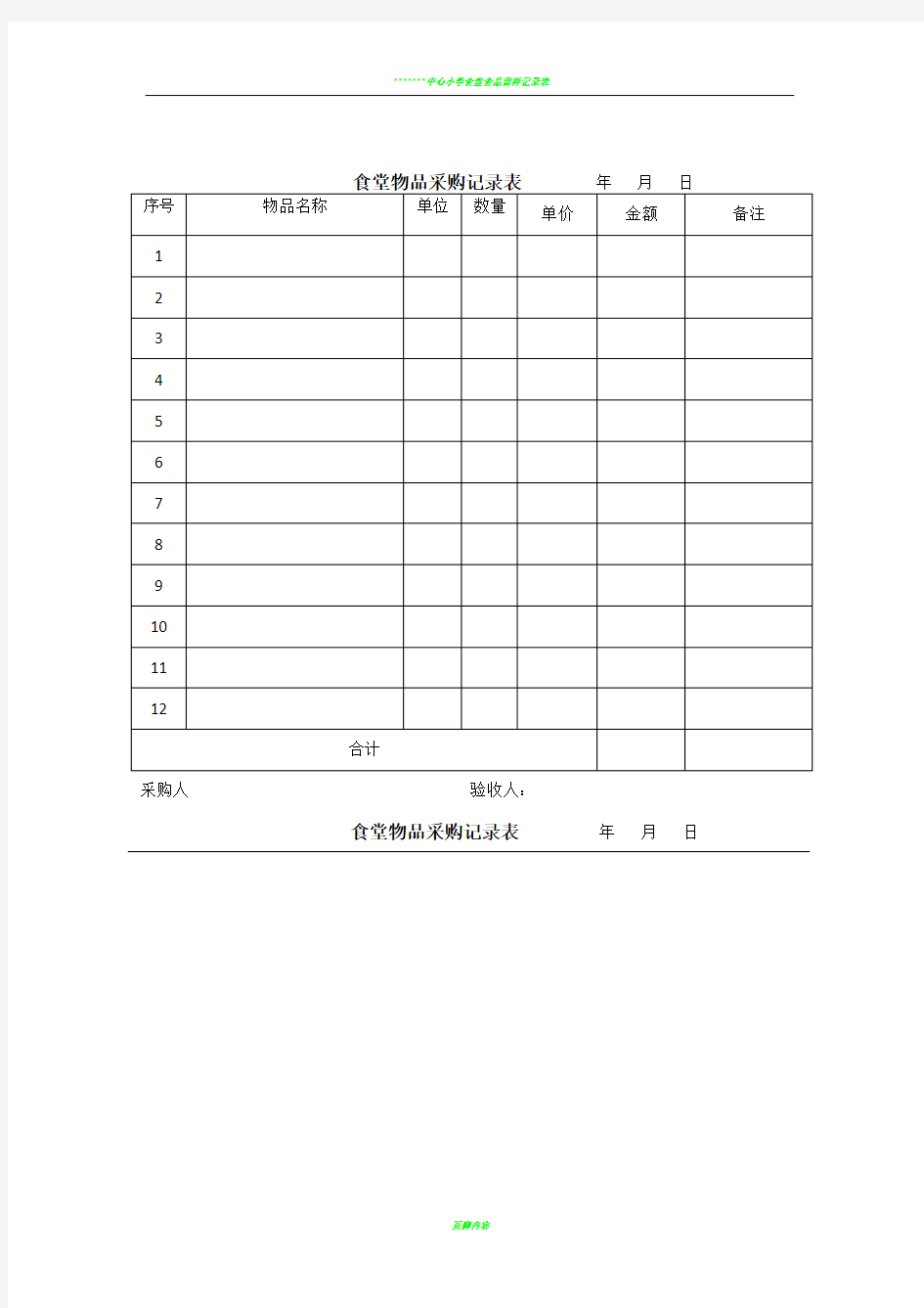 食堂食品采购登记验收表