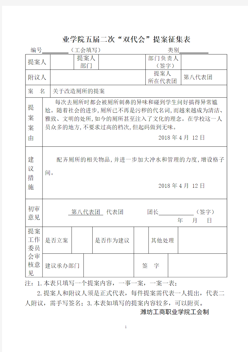 学院五届二次“双代会”提案征集表