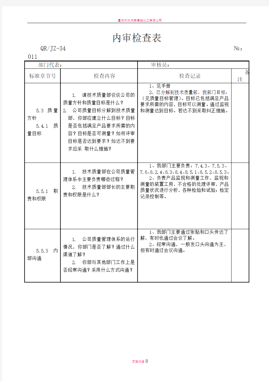 技术部内审检查表