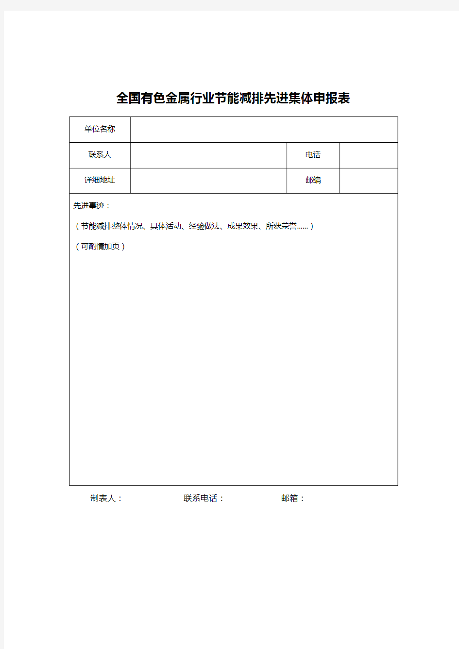 全国有色金属行业节能减排先进集体申报表