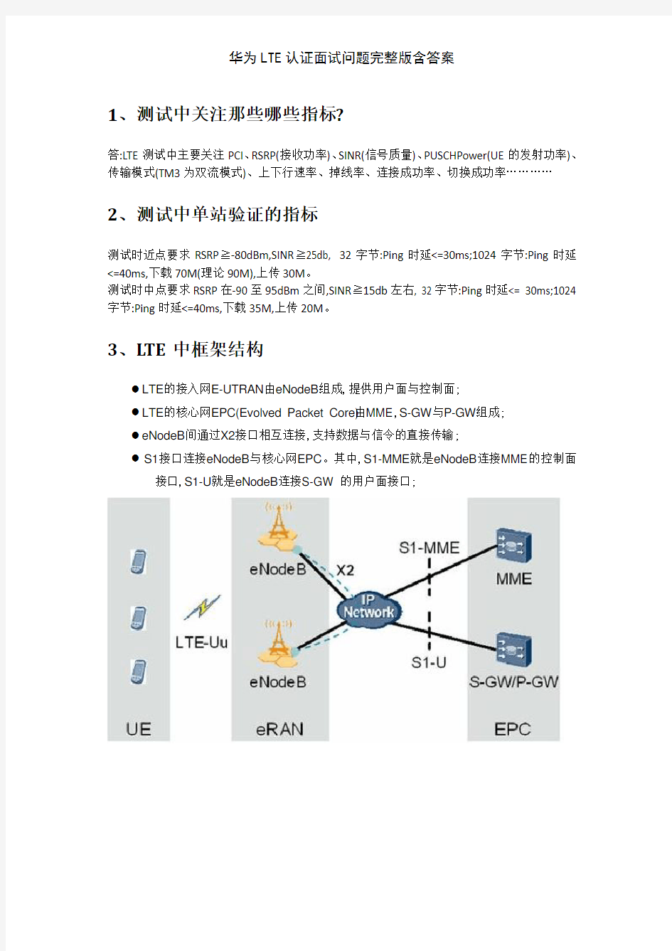 华为LTE认证面试问题完整版含答案