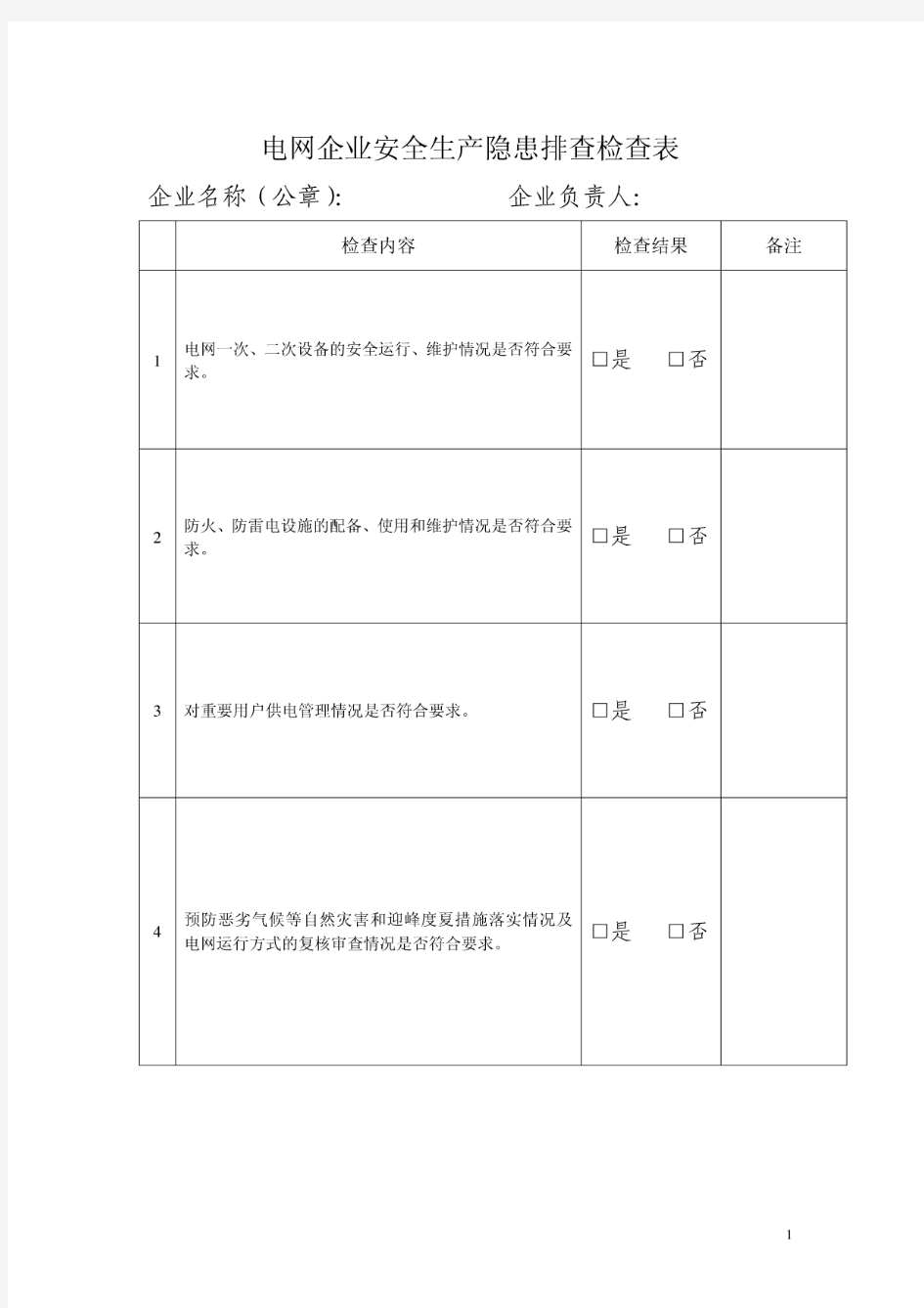 电网企业安全生产隐患排查检查表