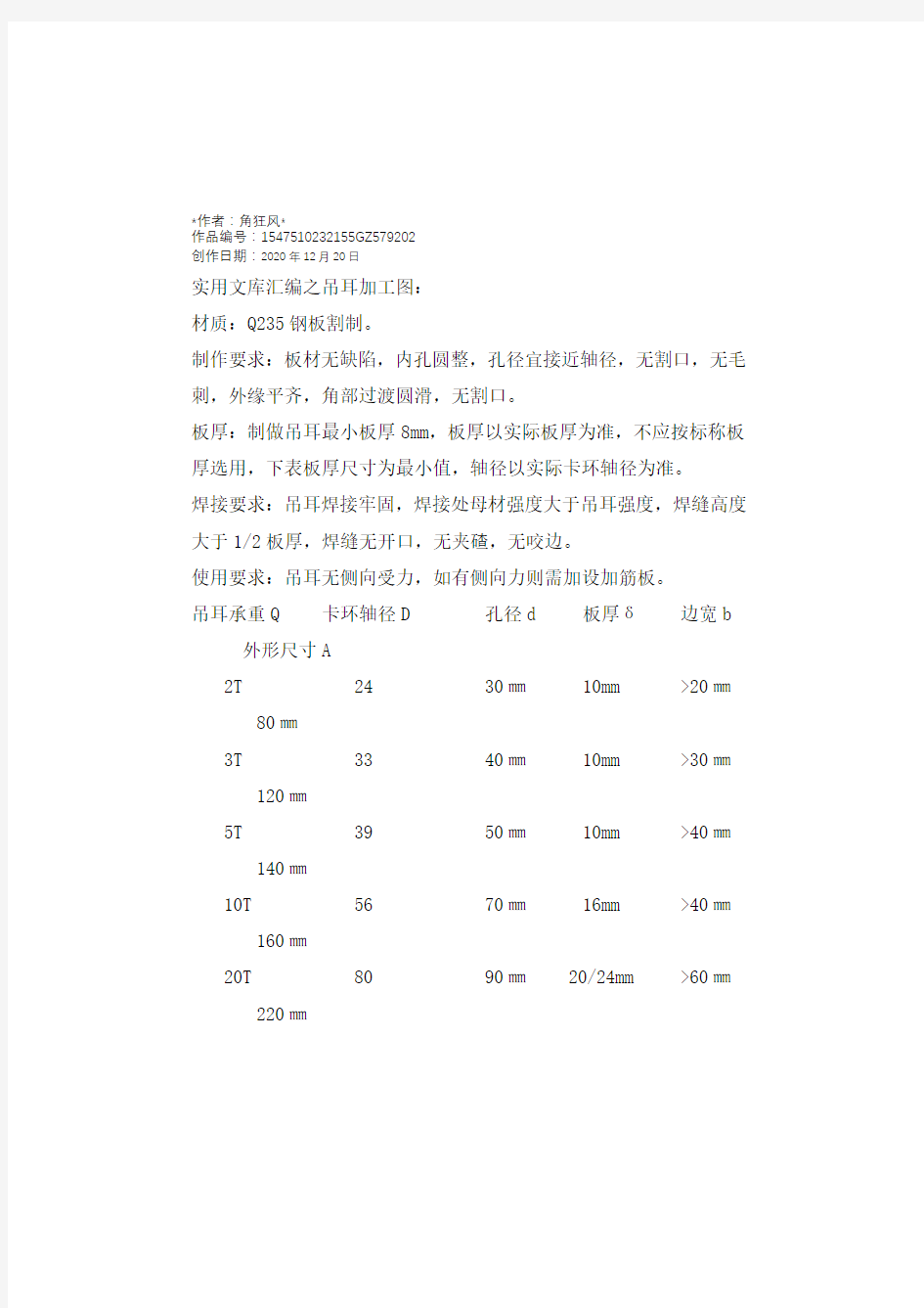 实用文库汇编之常用吊耳规格