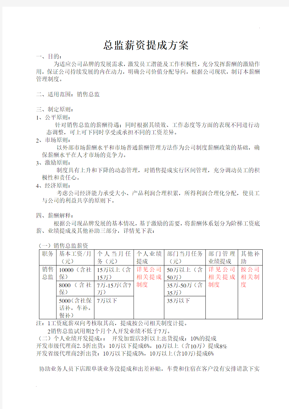 市场总监薪资提成方案