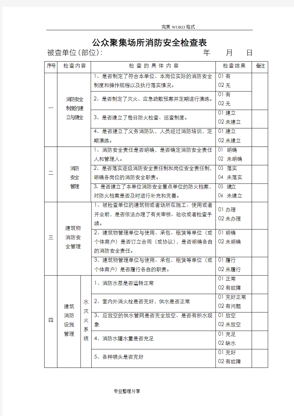 消防安全检查表