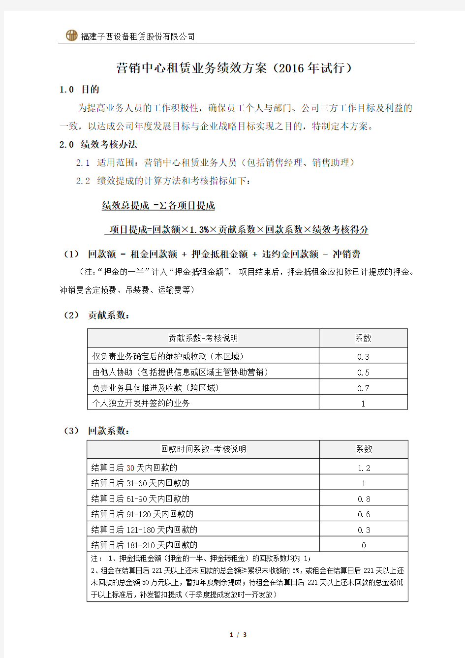 租赁业务绩效方案修订