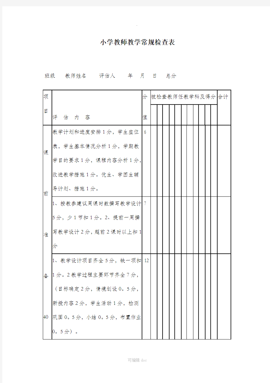 小学教师教学常规检查表