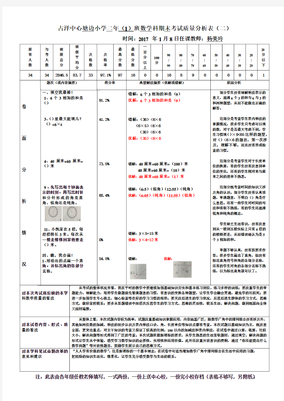 二年级上册数学考试质量分析表