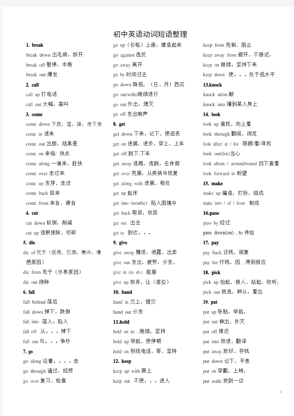 (完整版)初中英语动词短语归纳