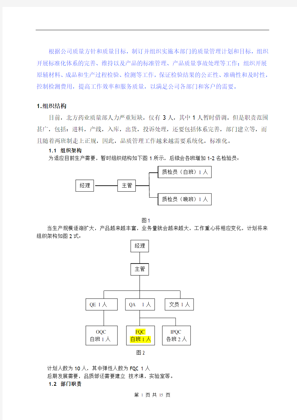 质量部工作计划书