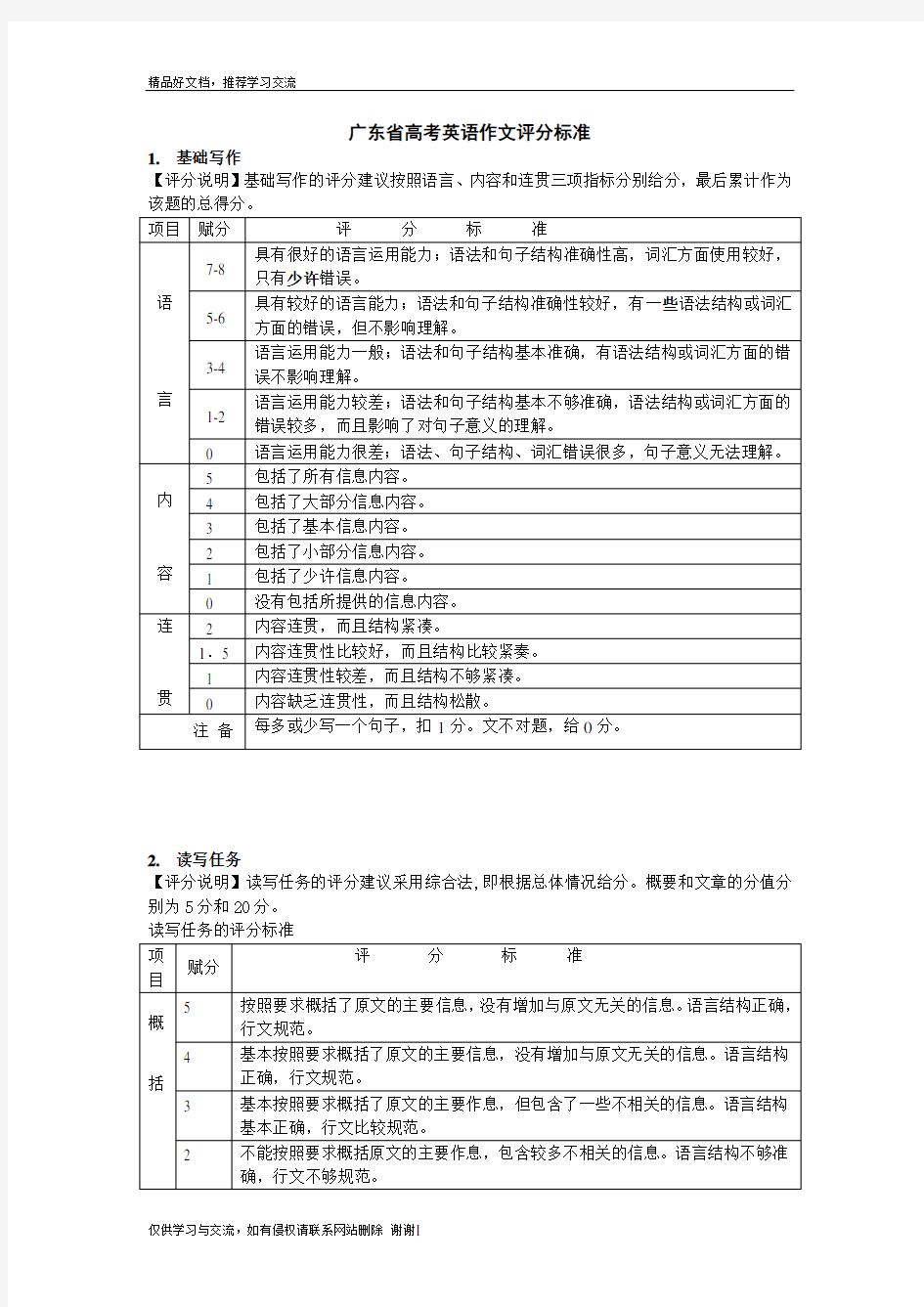 最新广东省高考英语作文评分标准