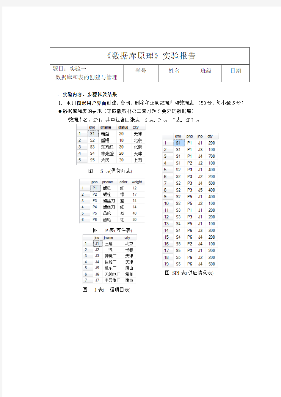 DB1西工大数据库实验一数据库和表的创建与管理