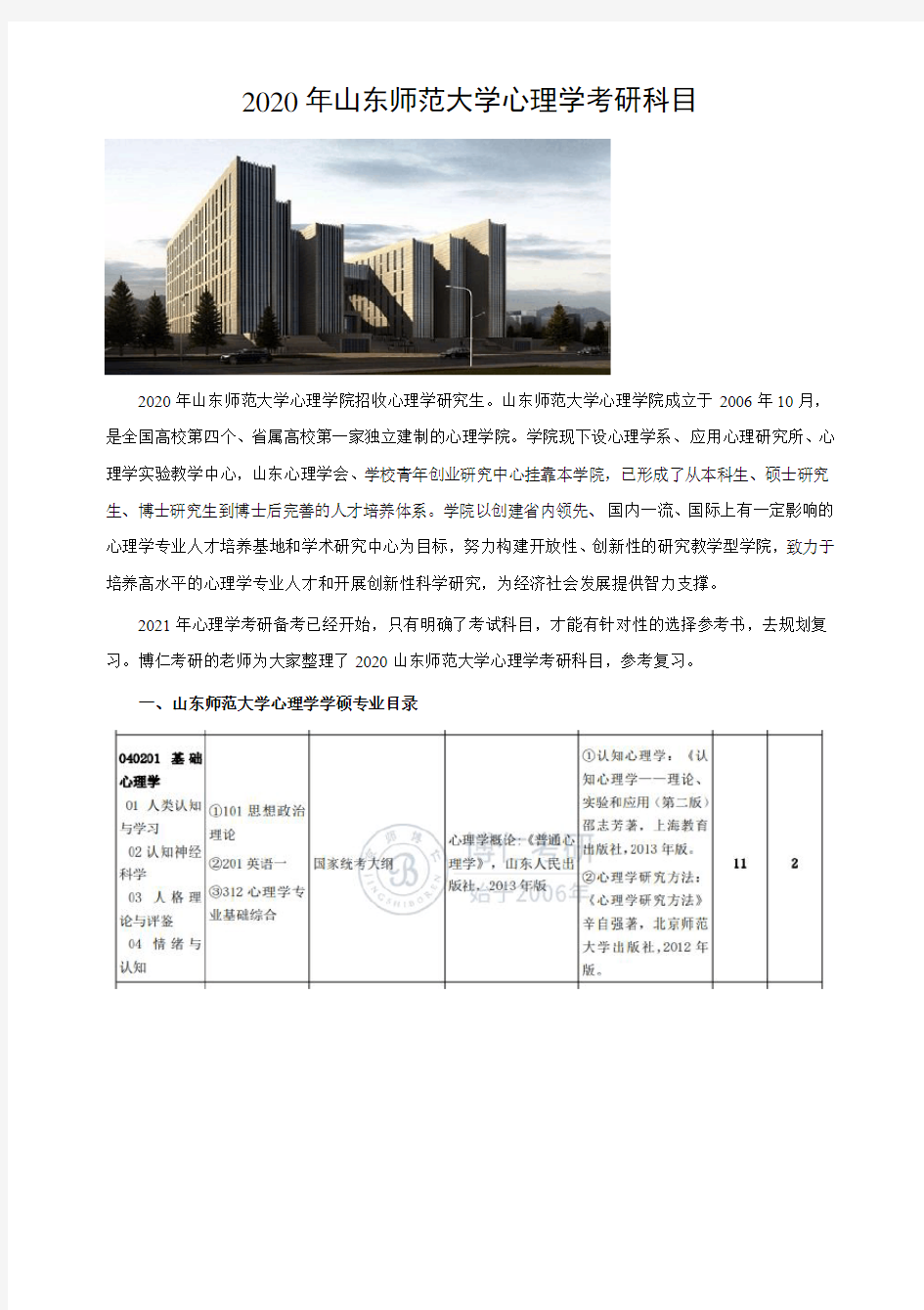 山东师范大学心理学考研科目