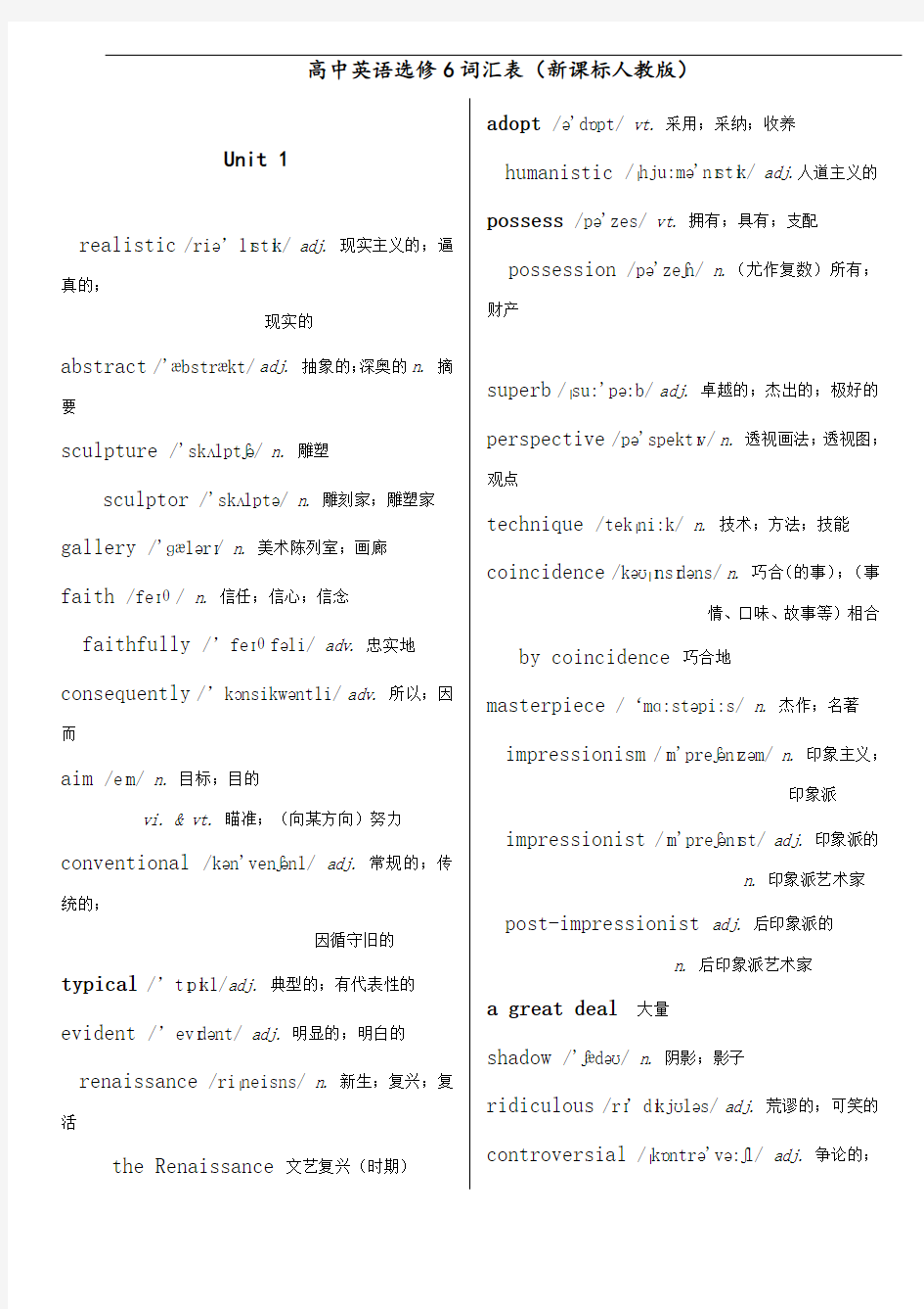 人版高中英语选修6单词表带音标__