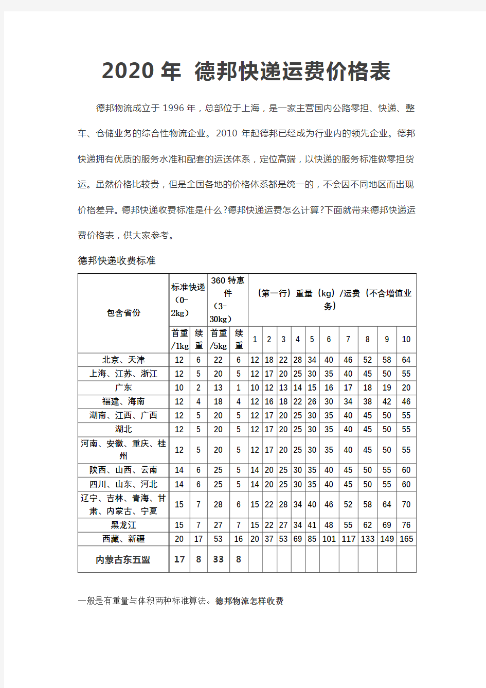 德邦物流全国价格表