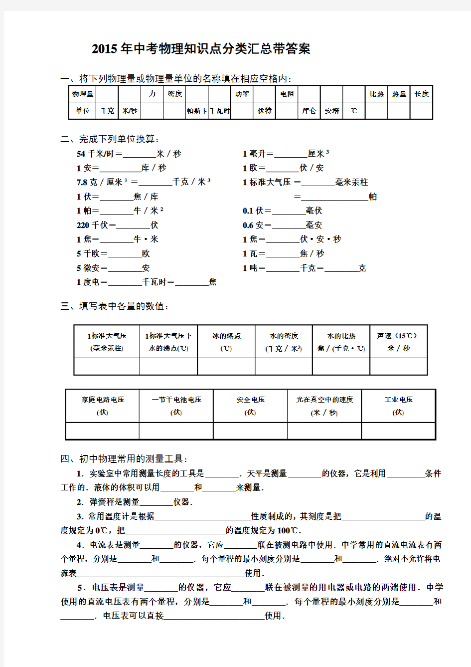 中考物理基础知识点分类汇总带答案