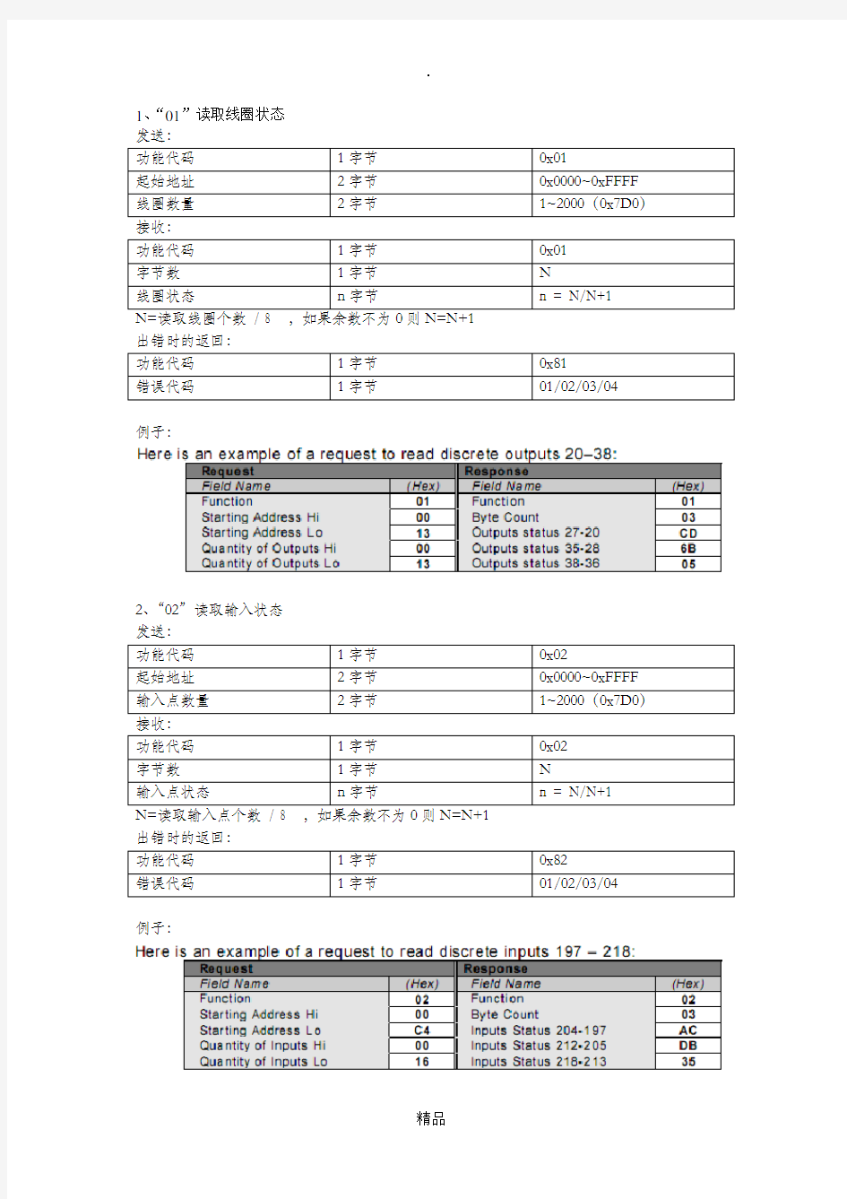 modbus功能码及格式