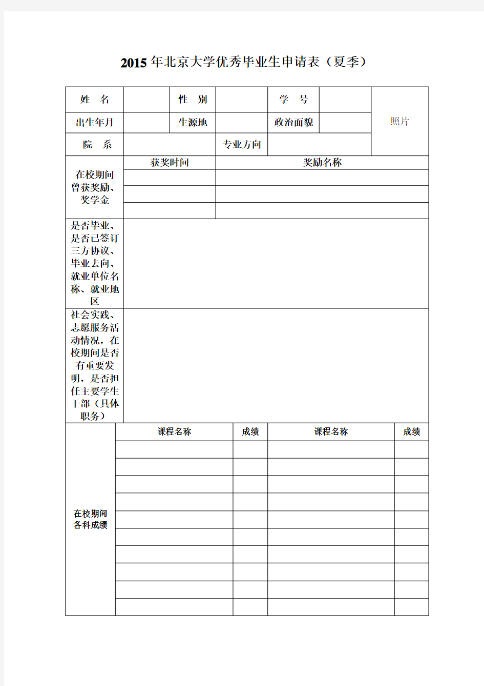 2015年北京大学优秀毕业生申请表(夏季)