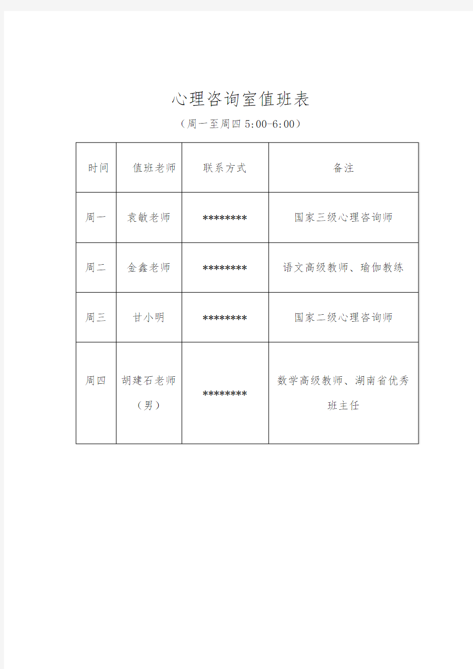 心理咨询室值班表【模板】