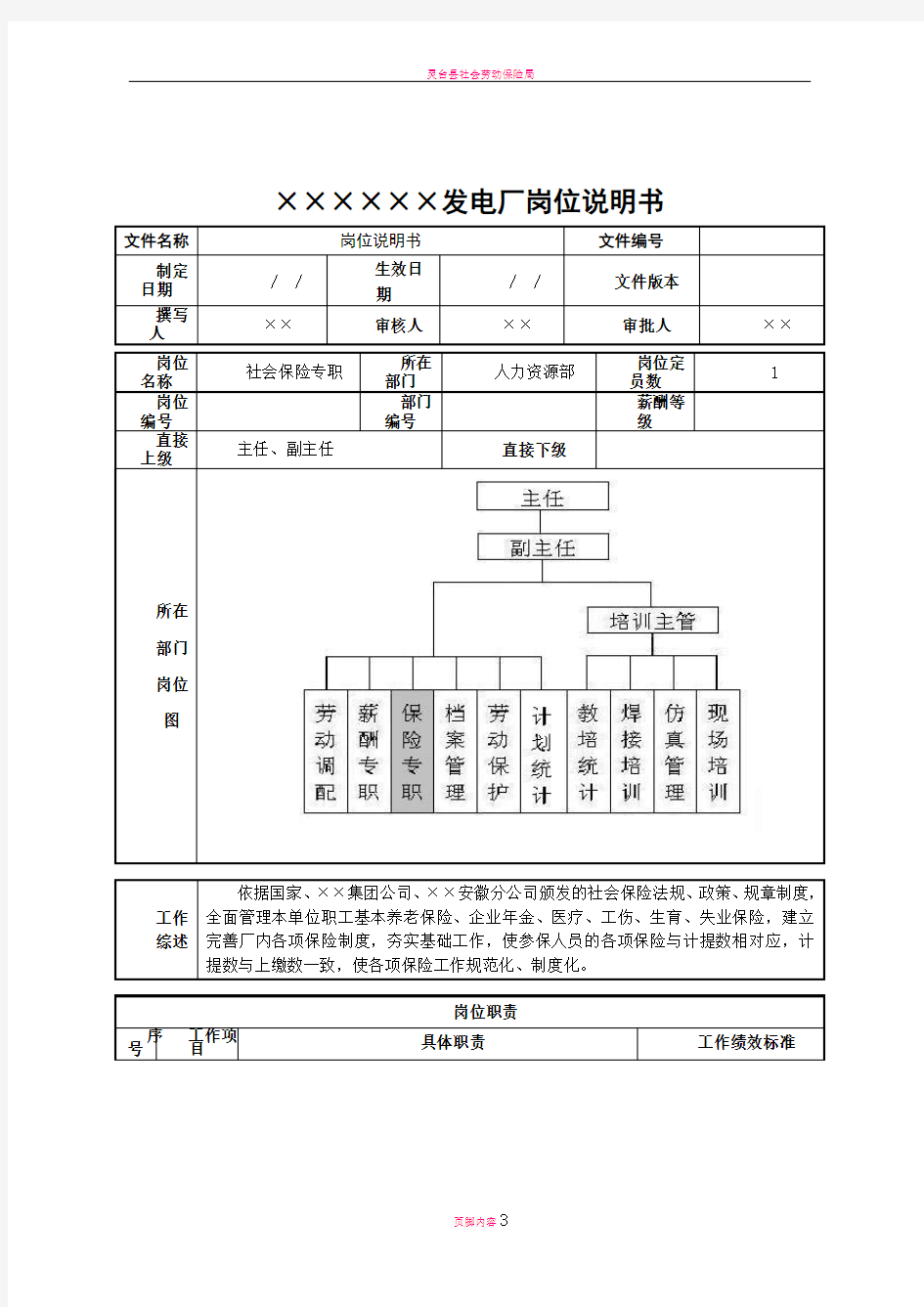 社会保险岗位说明书