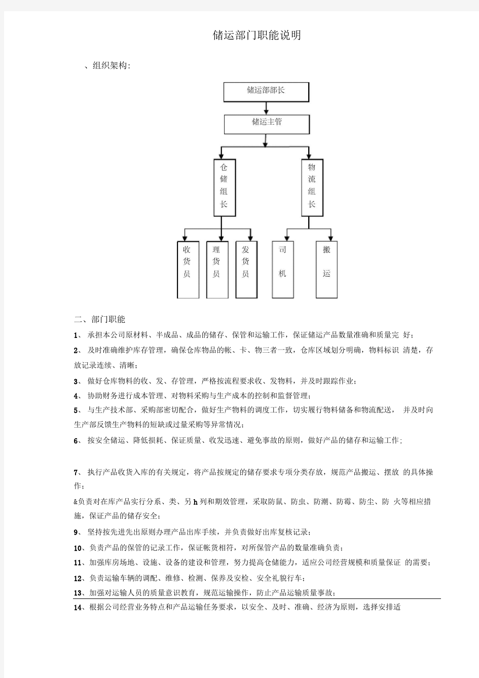 储运部部门职能