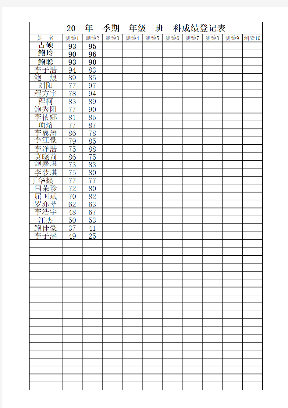 学生考试成绩登记表