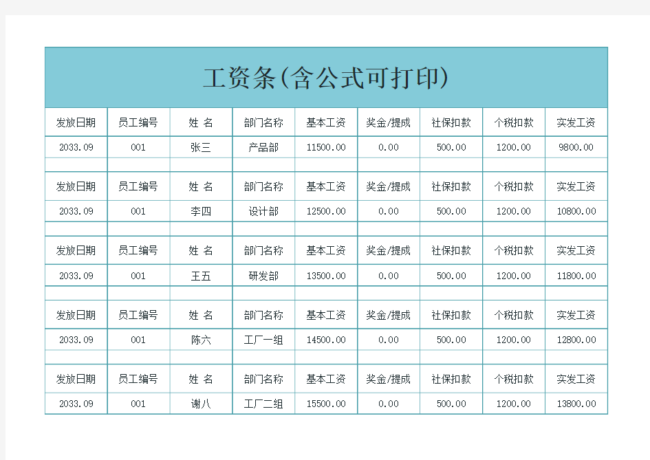 自动计算工资条