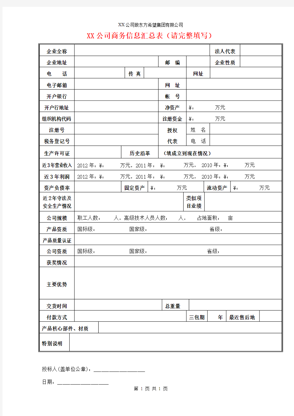 XX公司商务信息汇总表