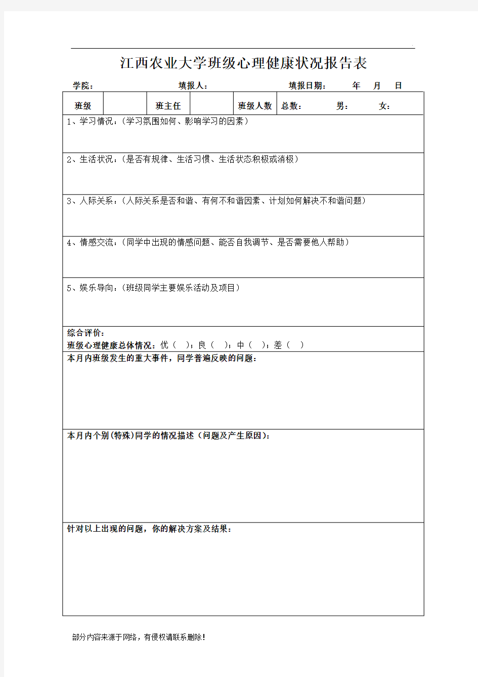 班级心理健康状况报告表