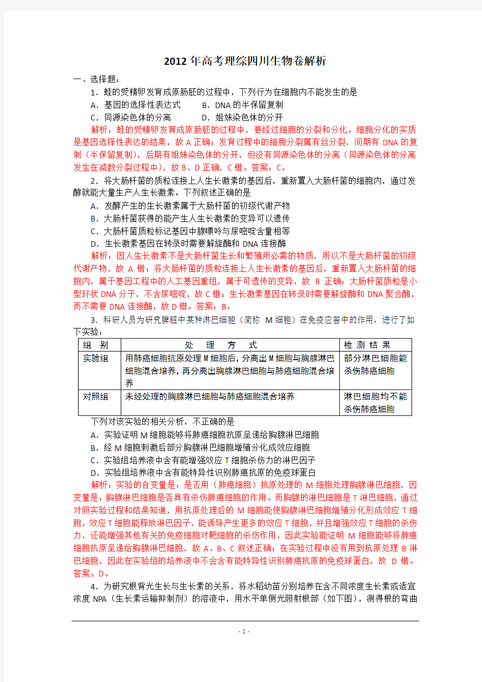 2012年高考理综四川生物卷解析