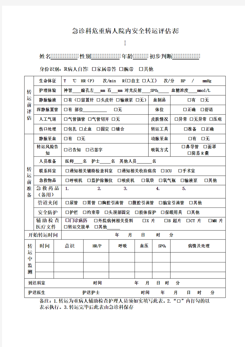 急诊科危重病人院内安全转运评估表