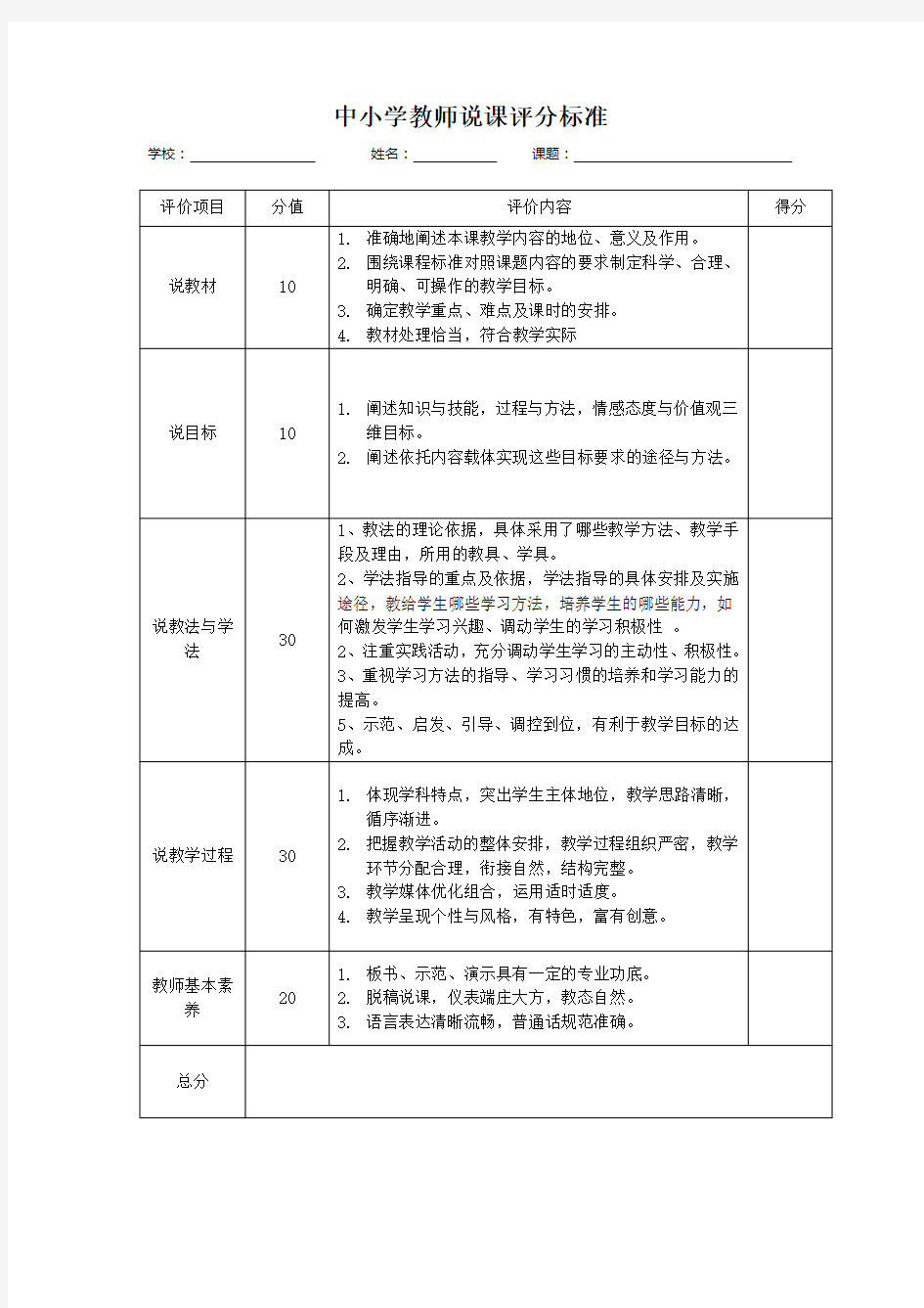 中小学教师说课讲课评分标准