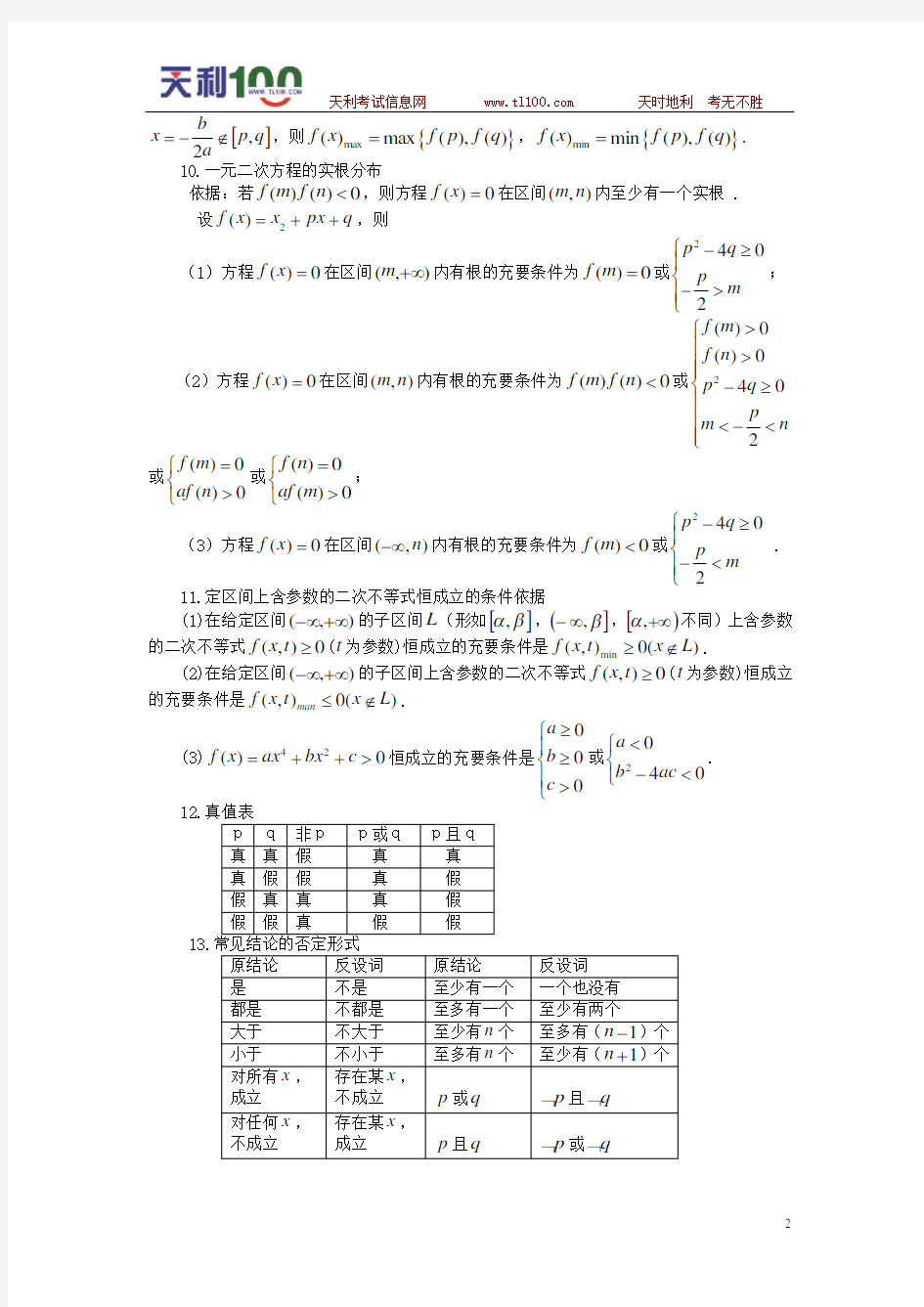 高考数学常用公式及结论200条(一)【天利】