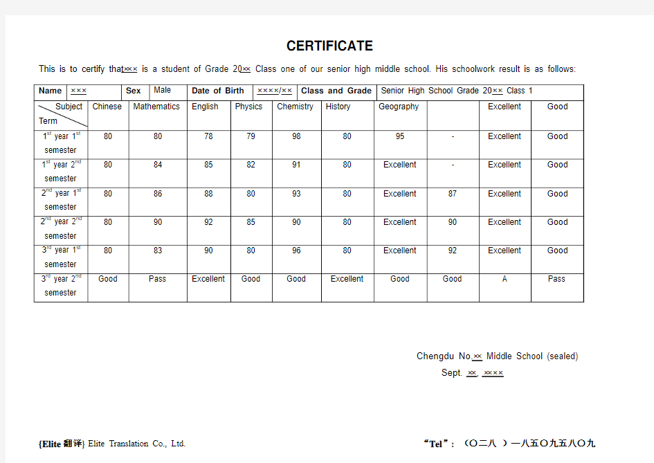 中学学生成绩单翻译模板