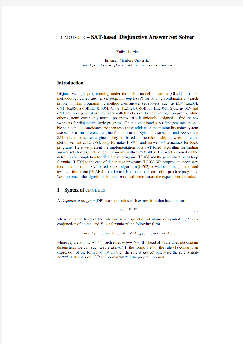 cmodels - sat-based disjunctive answer set solver