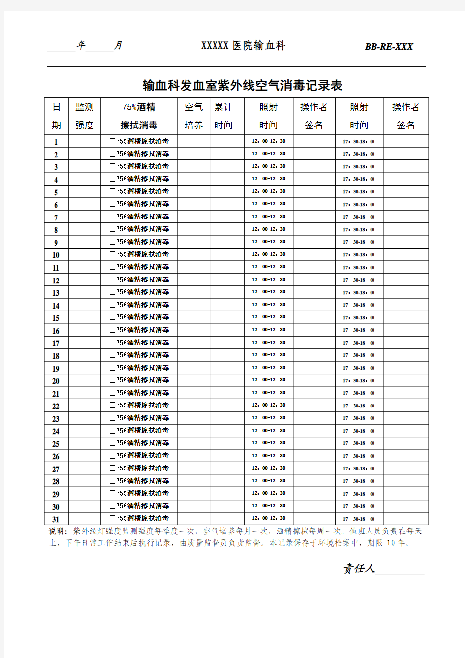 输血科紫外线空气消毒记录表