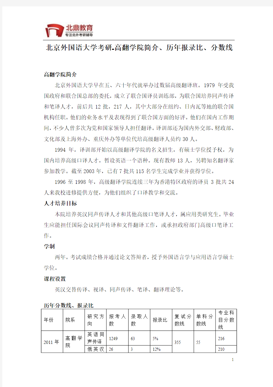 北京外国语大学考研-高翻学院历年报录比、分数线