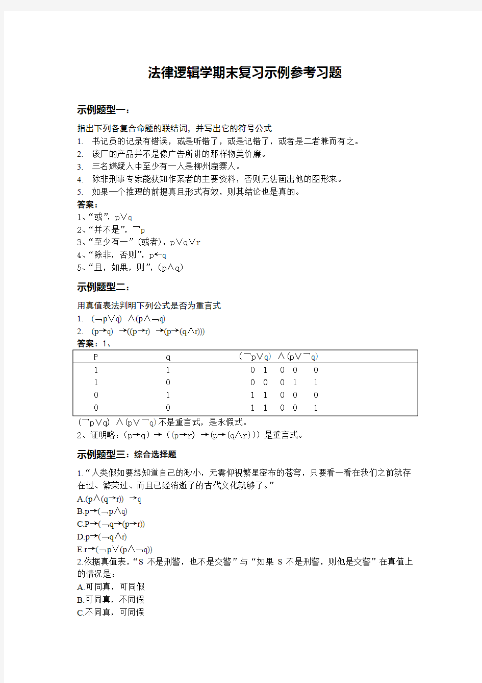 法律逻辑学期末复习参考题《排板后》