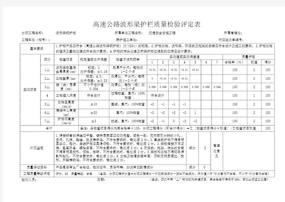 波形梁护栏质量检验评定表