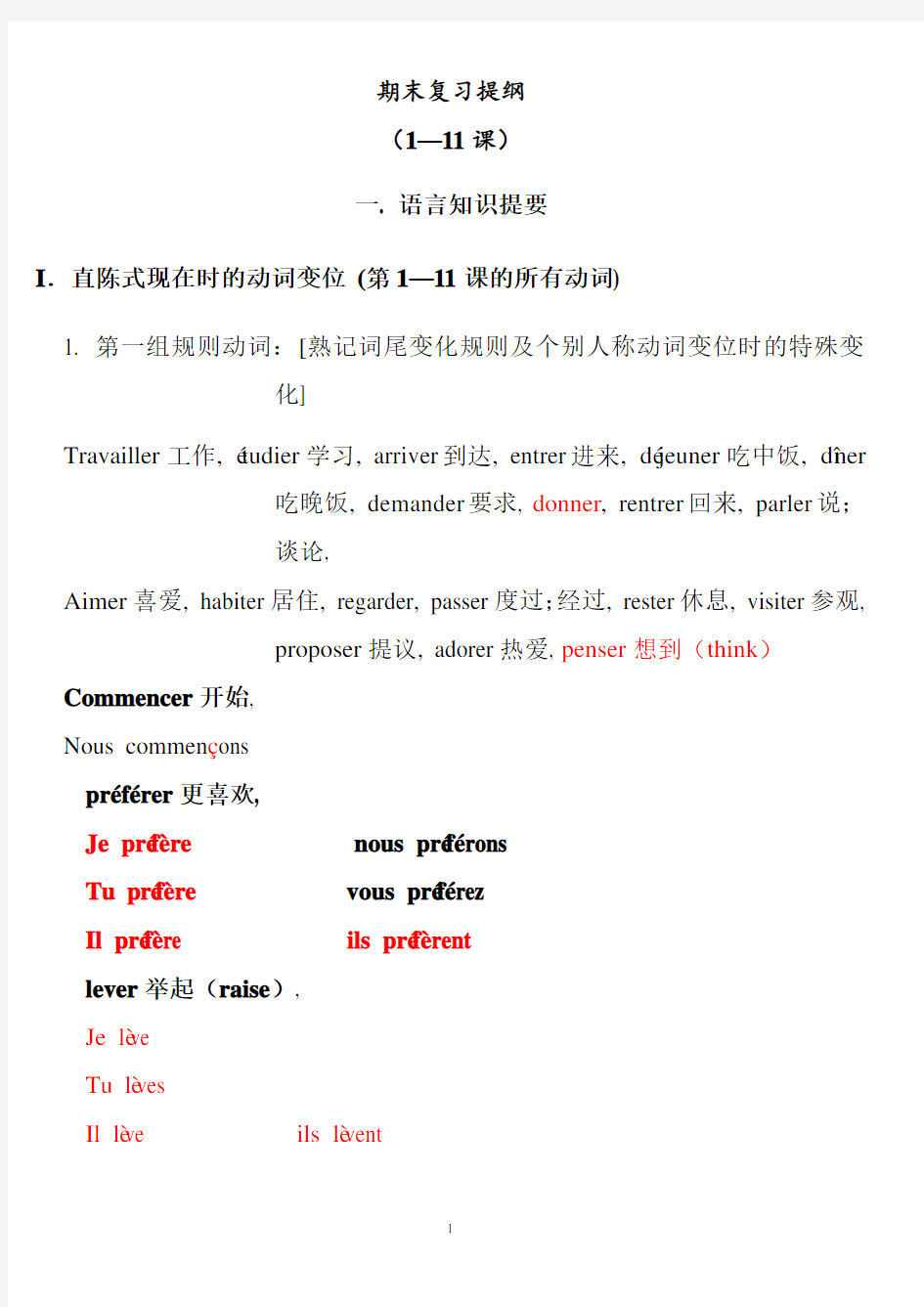 二外法语(1)总复习+考试题型