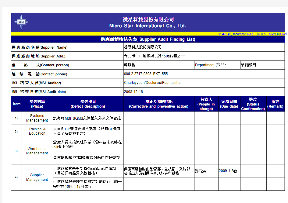 供应商评审检查表QSA(V4.0 20081216)