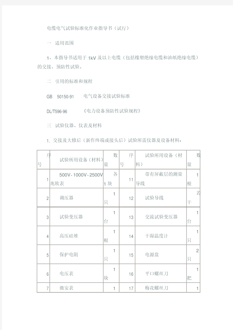 电缆电气试验标准化