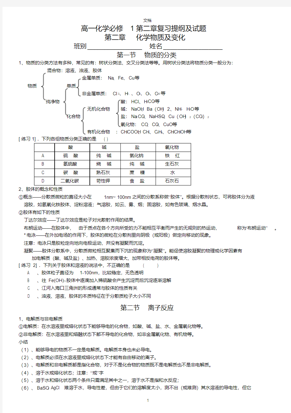 高中化学必修一第二章《化学物质及其变化》复习知识点整理