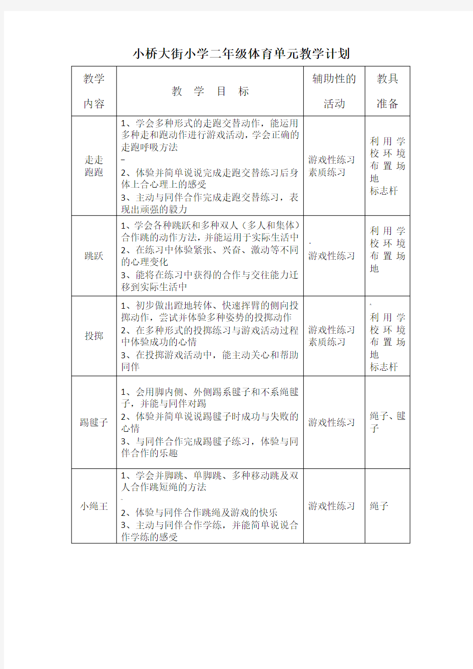 二年级体育单元教学计划