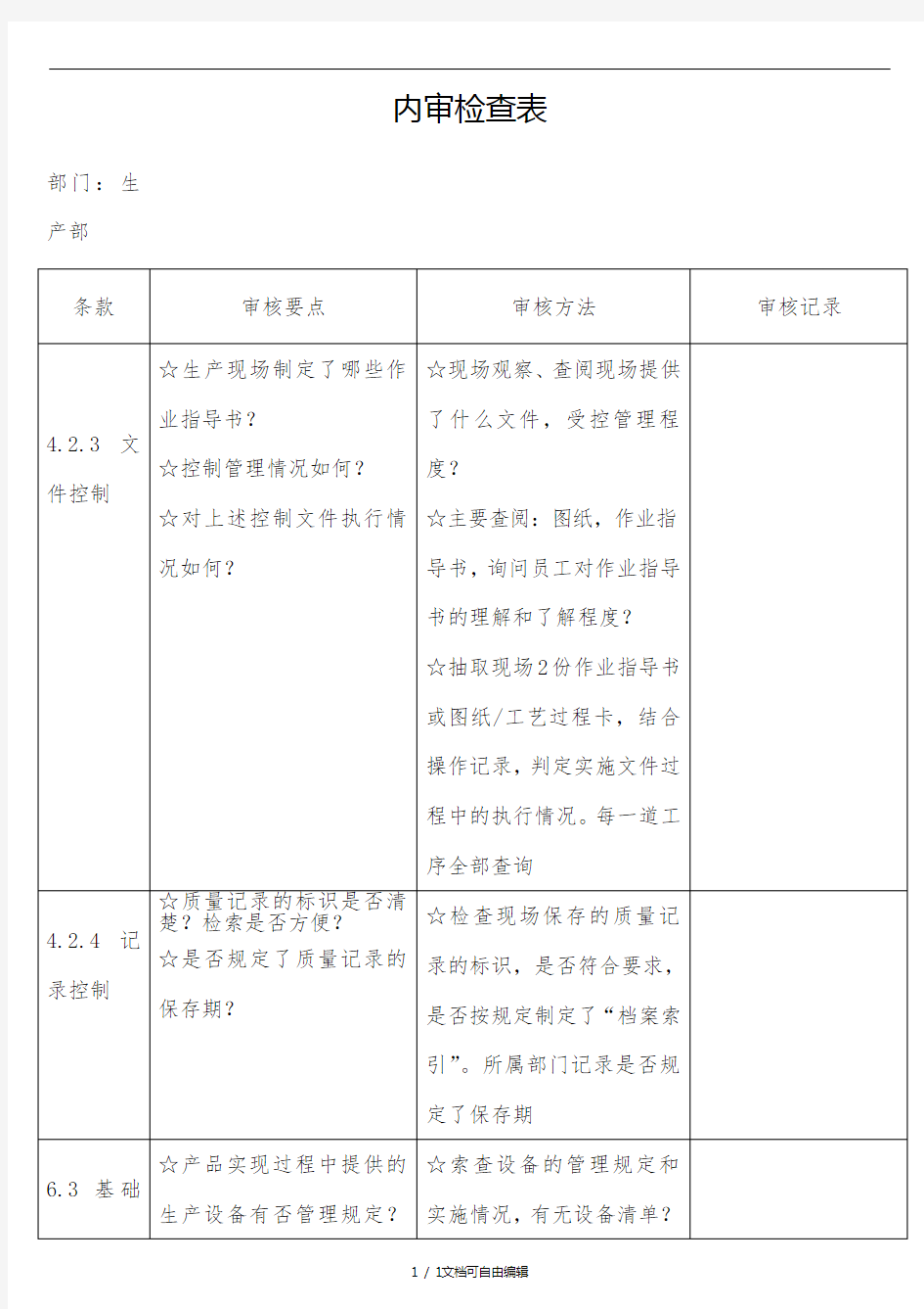 各部门内审检查表