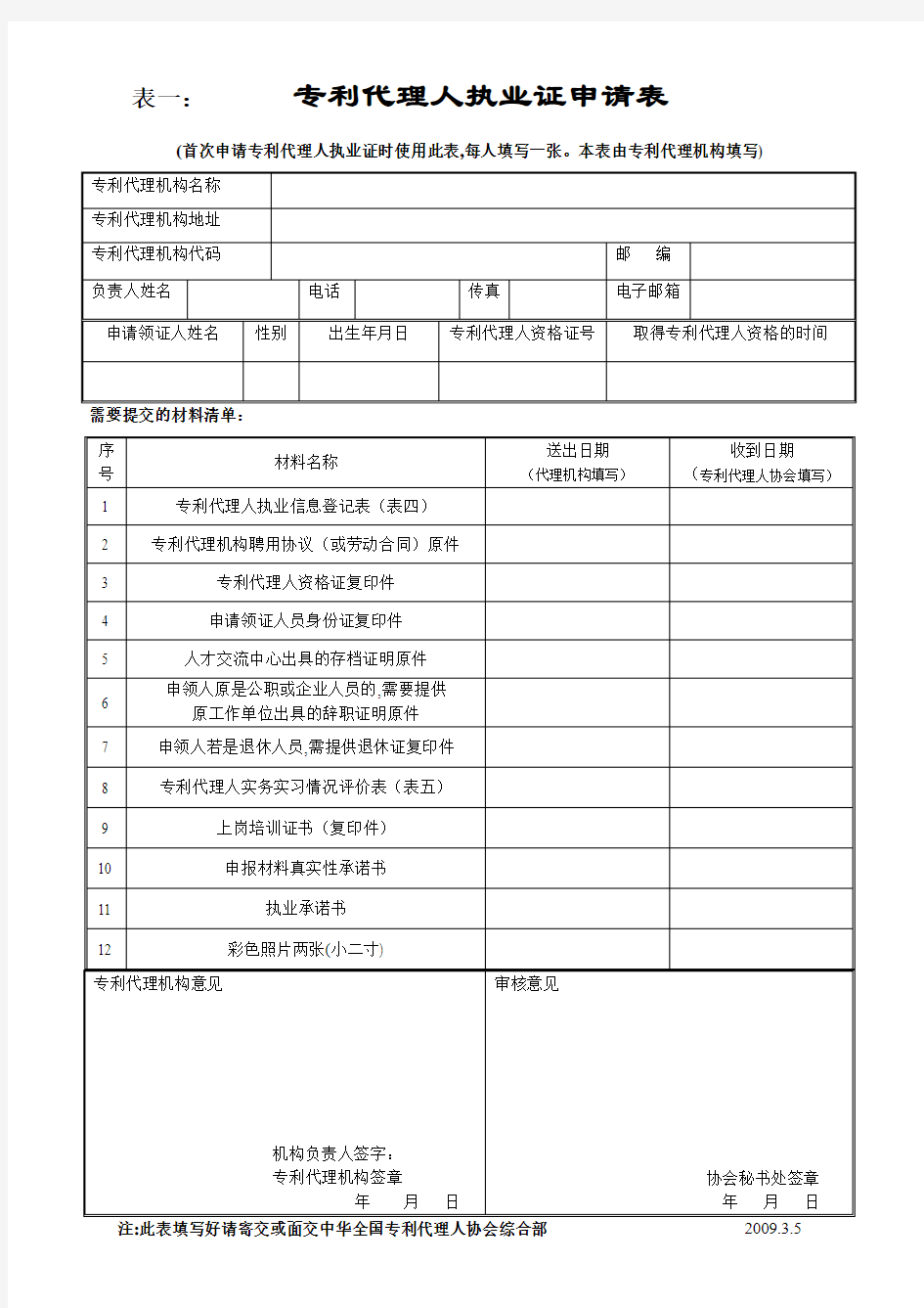 专利代理人执业证申请表