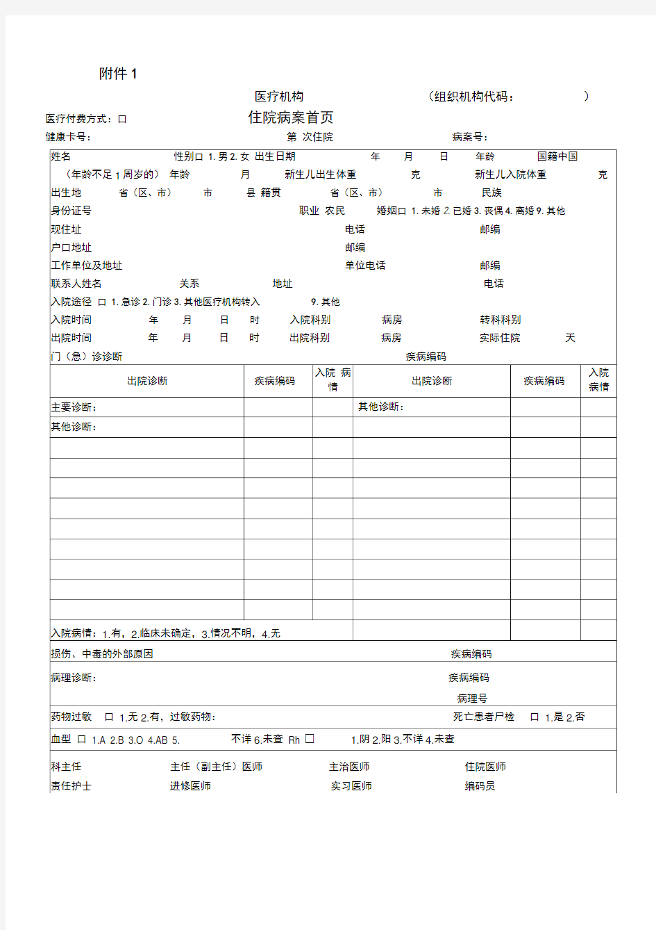 新版住院病案首页填写说明