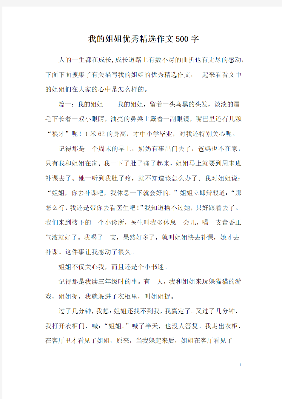 我的姐姐优秀精选作文500字